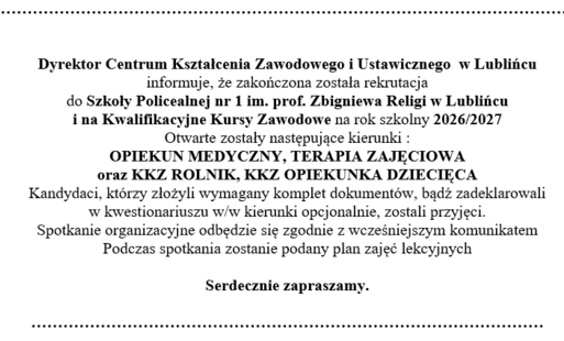 OGŁOSZENIE O ZAKOŃCZENIU REKRUTACJI DO SP I KKZ
